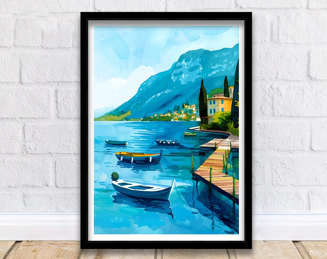 Lake Garda Italy Lakefront Harbor Boats Watercolor Travel Poster