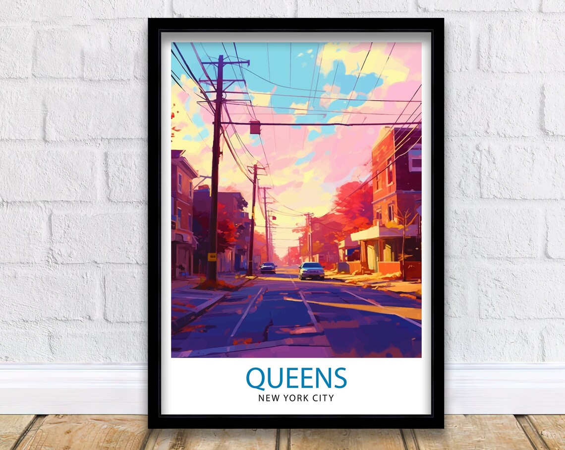 Queens New York City Sunset Street Neon Power Lines Travel Poster