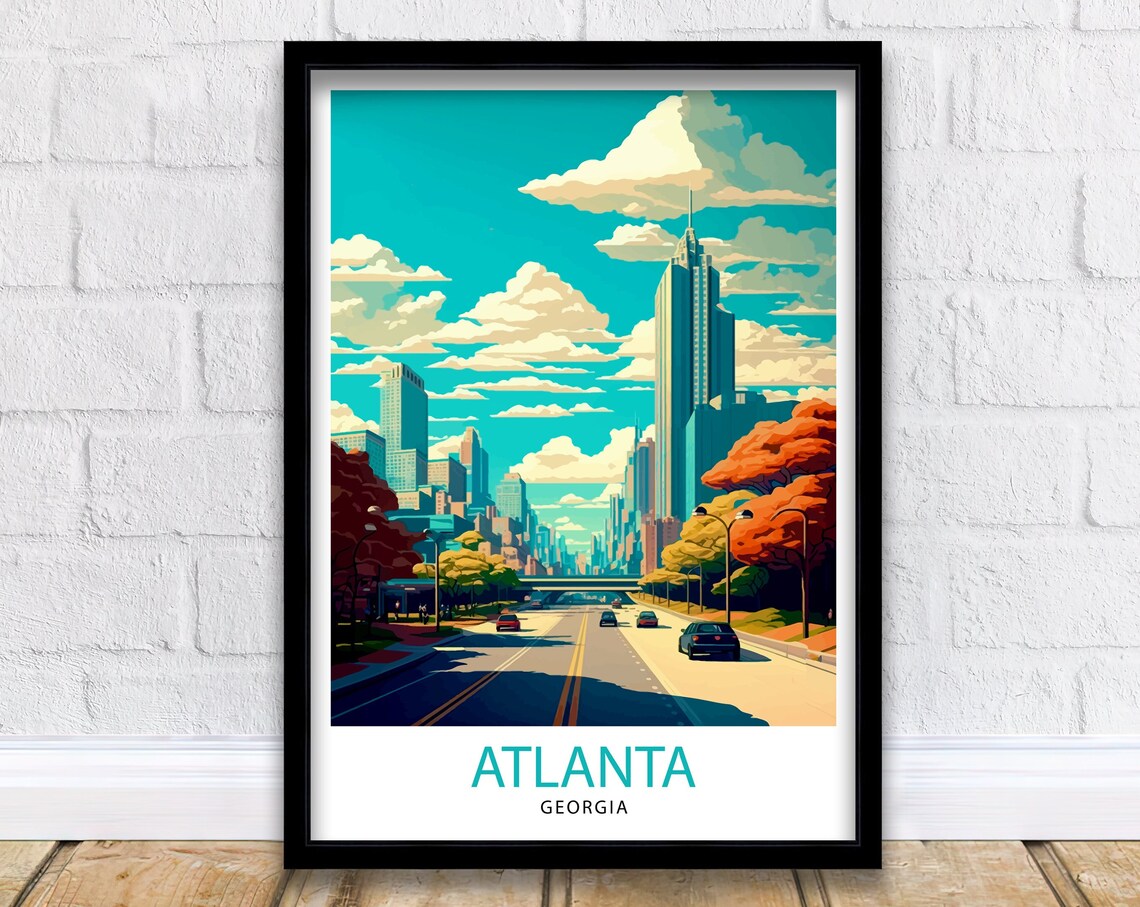 Atlanta Georgia City Skyline Teal Sky Downtown Travel Poster