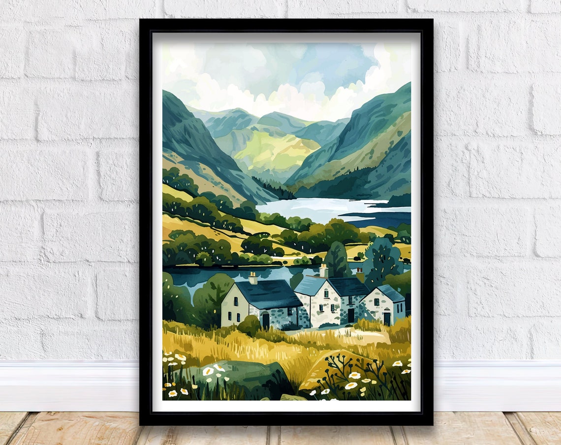 Lake District Mountain Valley Lake Cottages Vintage Landscape Poster