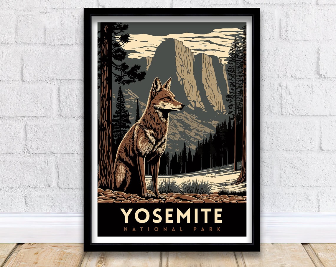 Yosemite National Park Fox Granite Cliffs Pines Wildlife Poster
