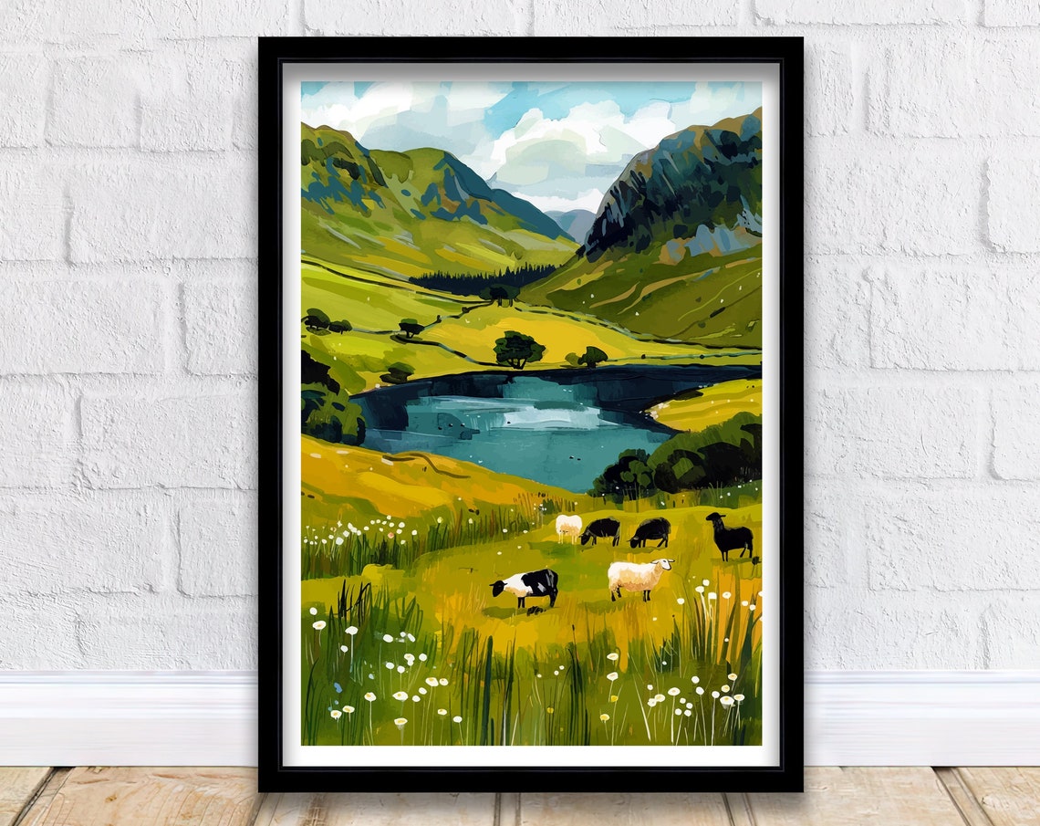 Cumbria Lake District Grazing Sheep Fells Lakeside Meadow Art Poster