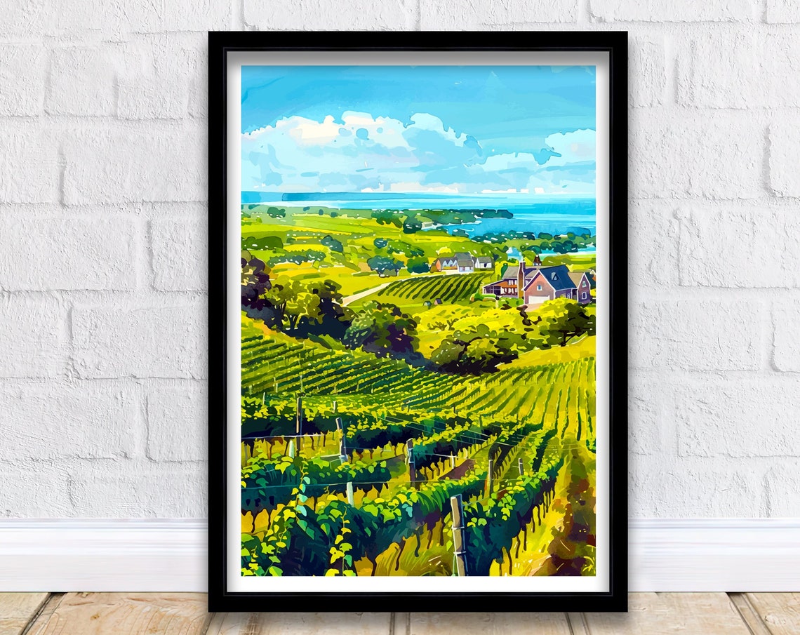 Sunlit Vineyard Rows Rolling Hills Distant Lake Watercolor Art Print