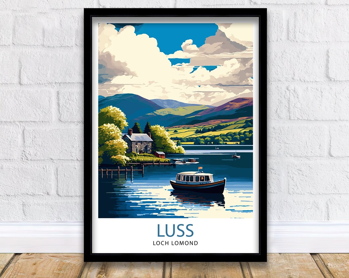 Luss Loch Lomond Scotland Lakeside Cottage Boat Village Travel Poster