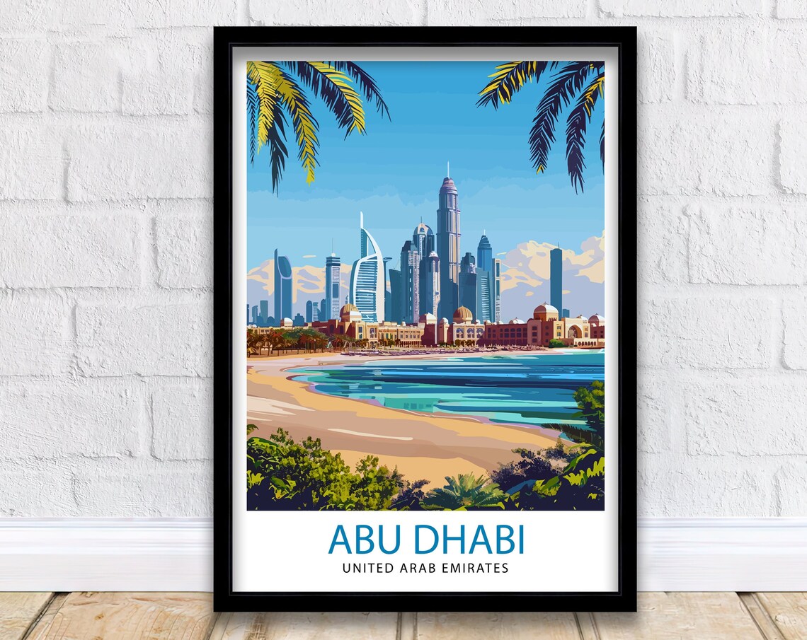 Abu Dhabi UAE Skyline Beach Palm Trees Modern City Travel Poster
