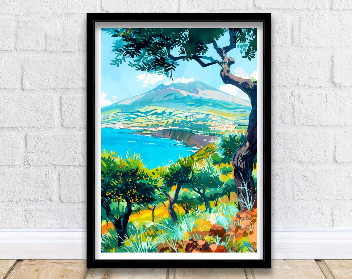 Sicily Italy Travel Poster Mount Etna Coast Volcano Landscape Art