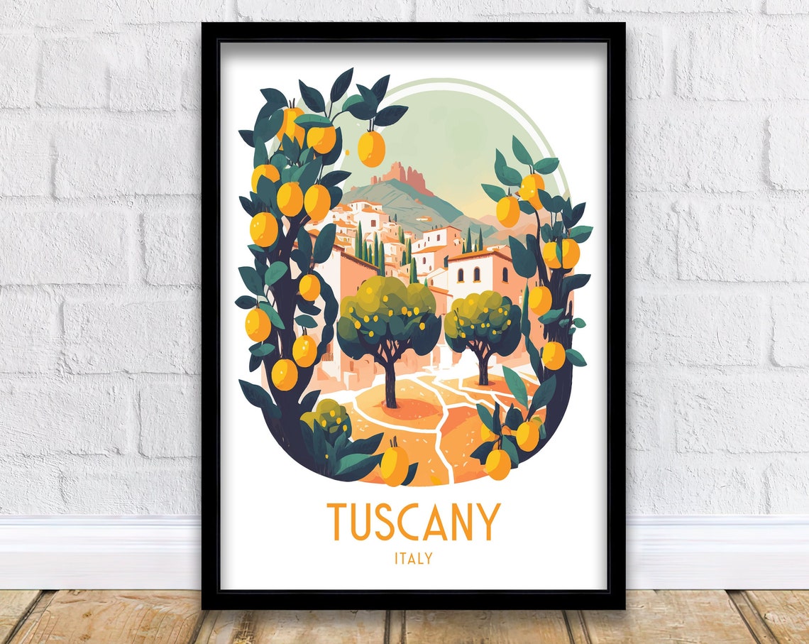 Tuscany Italy Lemon Trees Framing Hill Town Vintage Art Poster