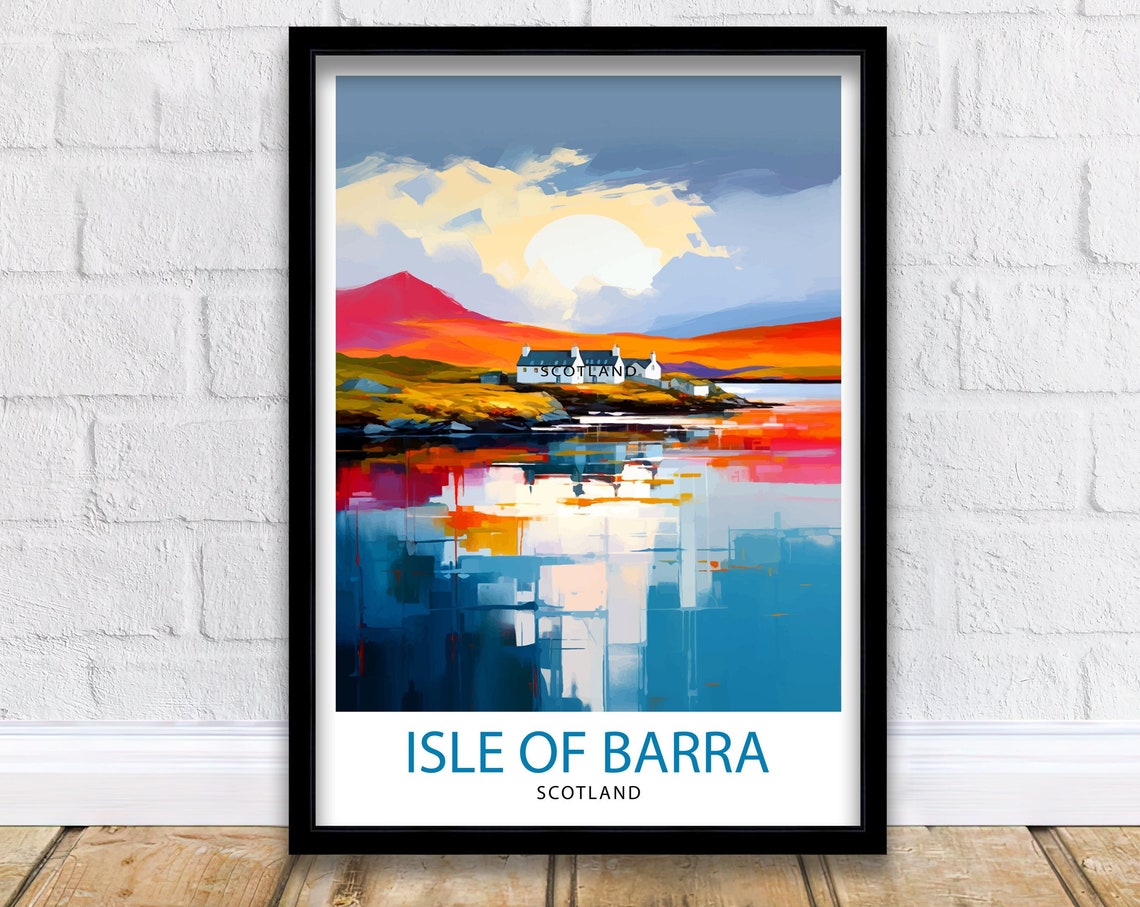 Isle of Barra Scotland White Cottage Sunset Shore Travel Poster