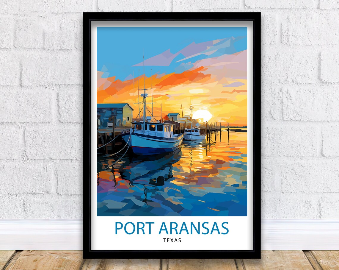 Port Aransas Texas Harbor Sunset Fishing Boats Reflective Poster