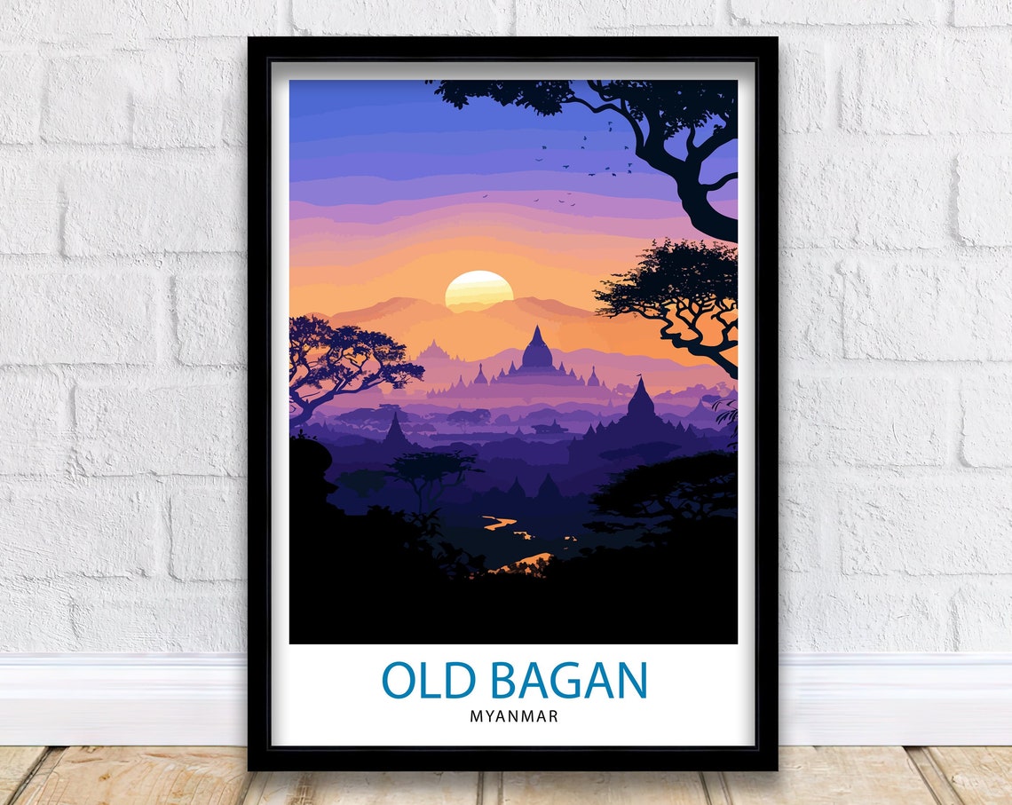 Old Bagan Myanmar Temple Sunset Silhouette Travel Art Poster