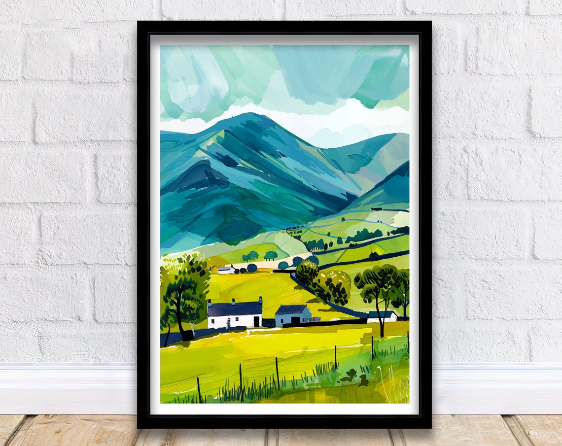 Skiddaw Lake District Mountain Cottages Meadow Landscape Poster