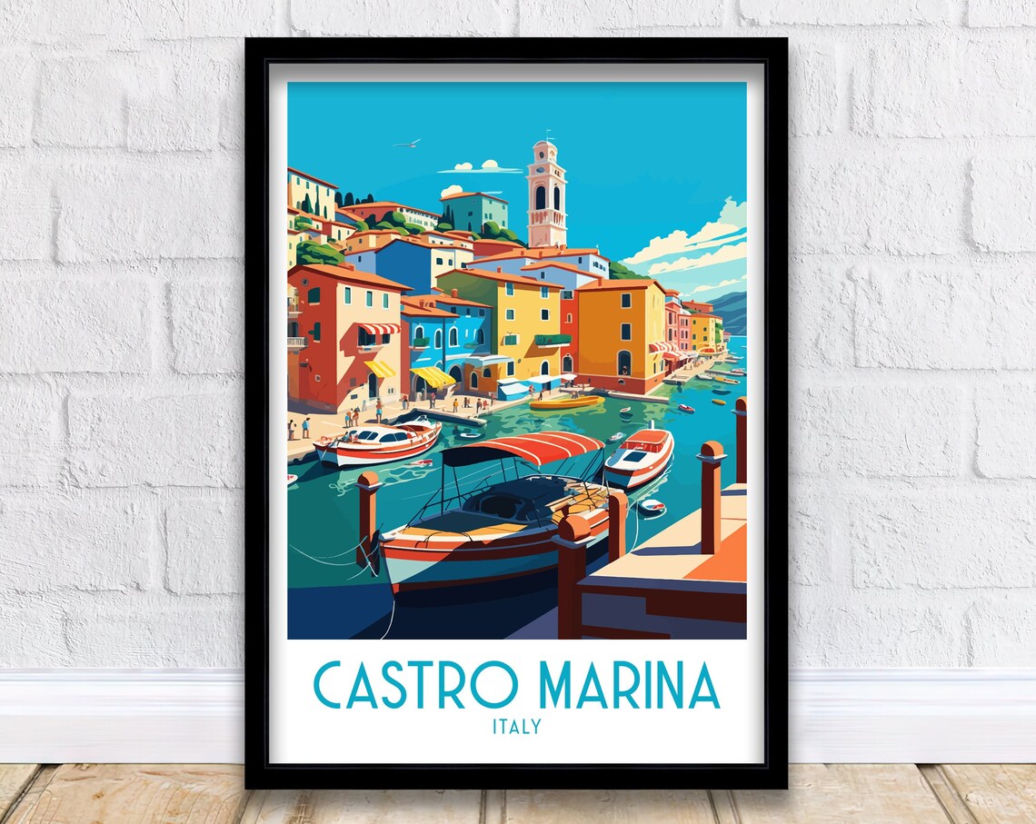 Castro Marina Italy Colorful Harbor Town Boats Travel Poster