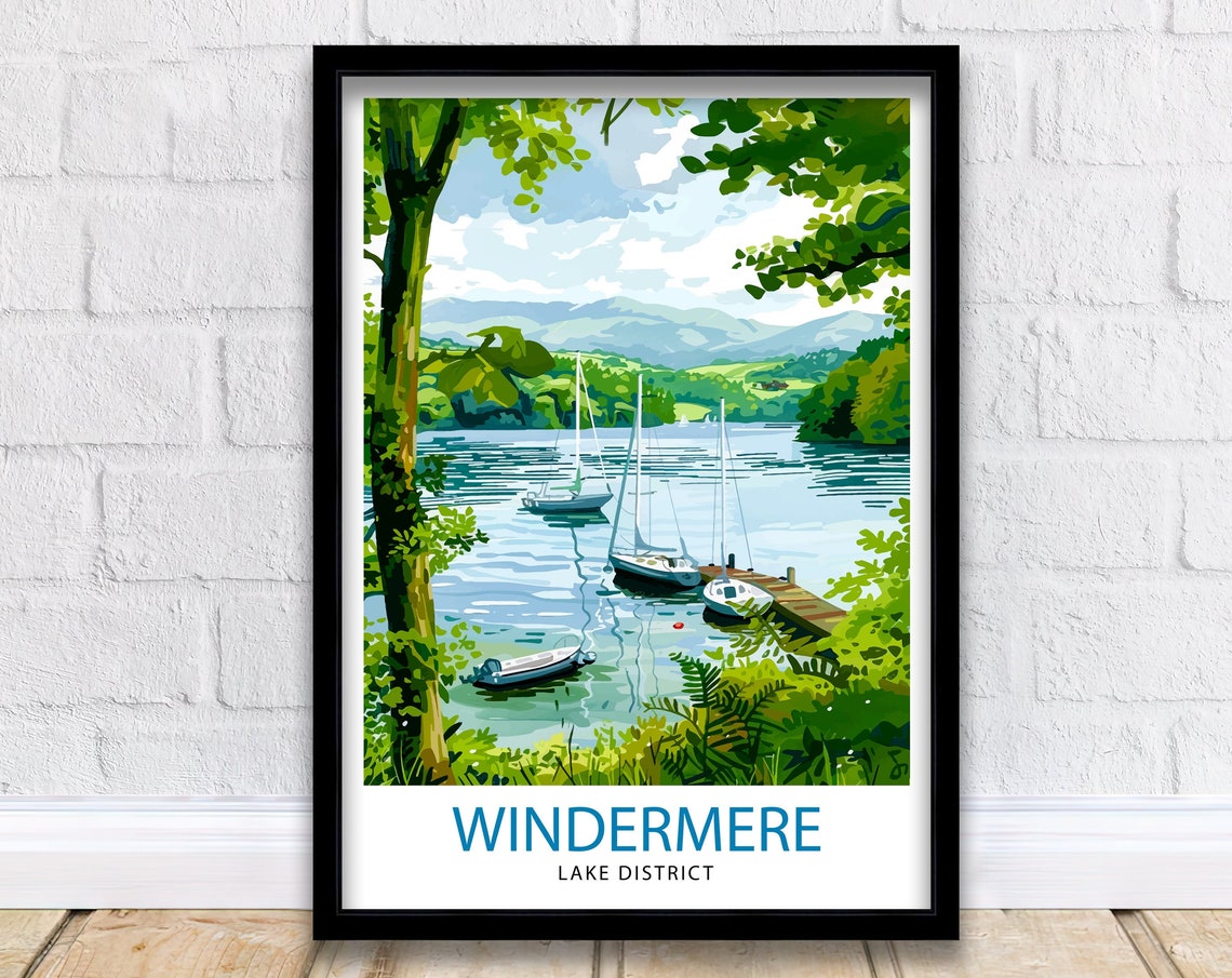 Windermere Lake District Sailboats Wooden Jetty Travel Poster