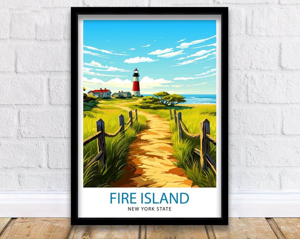 Fire Island New York Lighthouse Dune Path Seaside Retro Poster