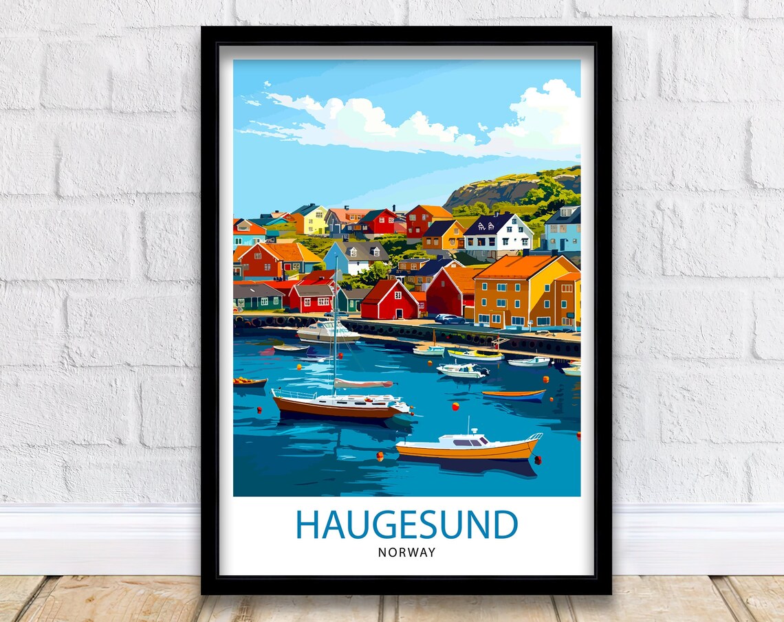Haugesund Norway Colorful Harbor Houses And Boats Travel Poster