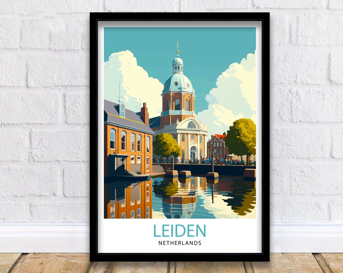 Leiden Netherlands Canal Church Dome Vintage Travel Poster Waterfront