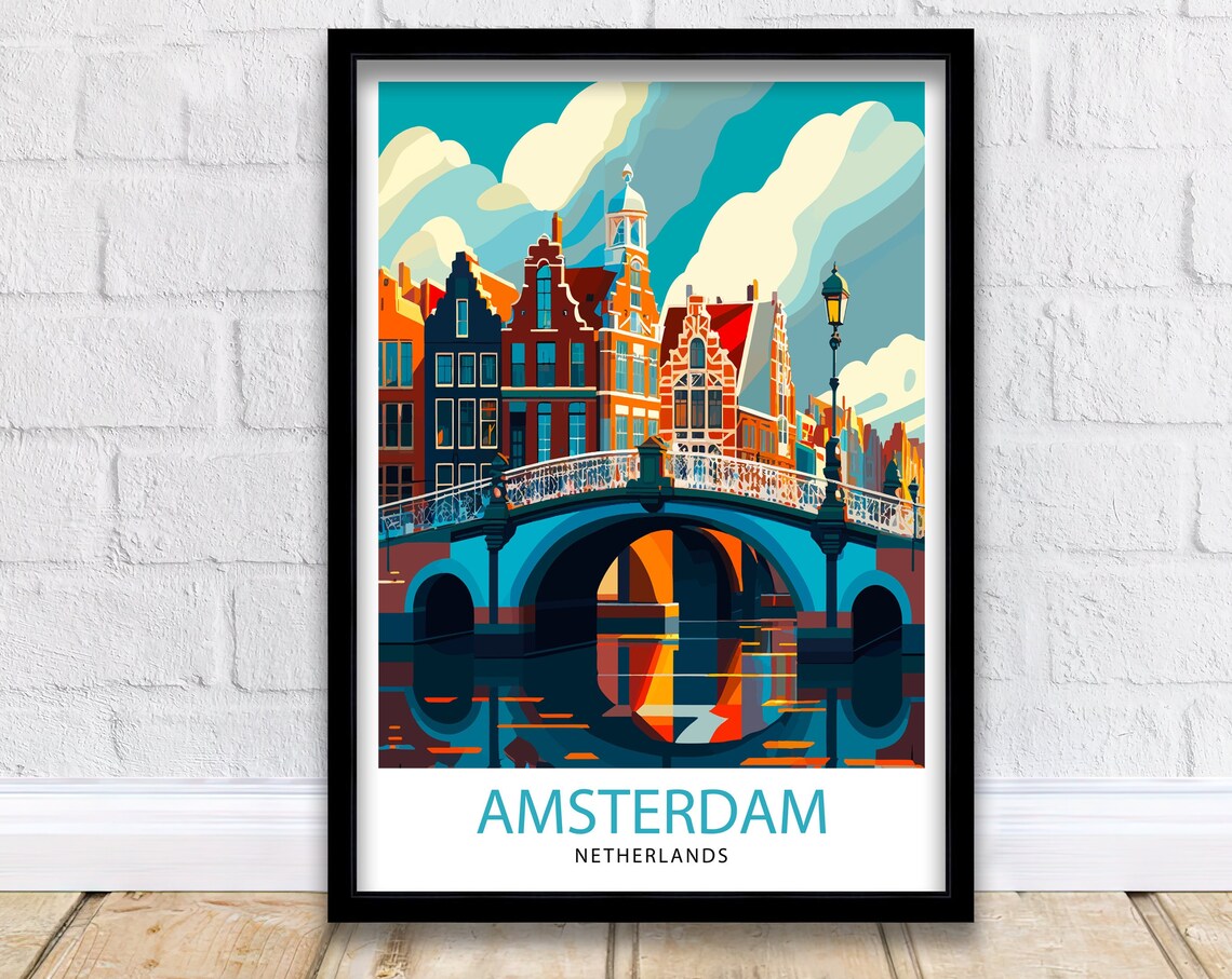Amsterdam Travel Poster, Cityscape Illustration