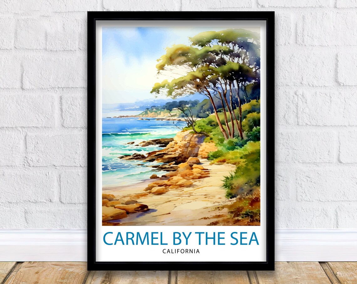 Carmel By The Sea California Watercolor Rocky Shore Art Poster