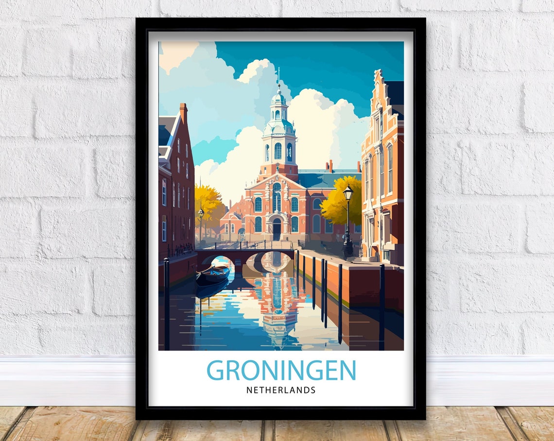 Groningen Netherlands Canal Town Church Tower Vintage Art Poster