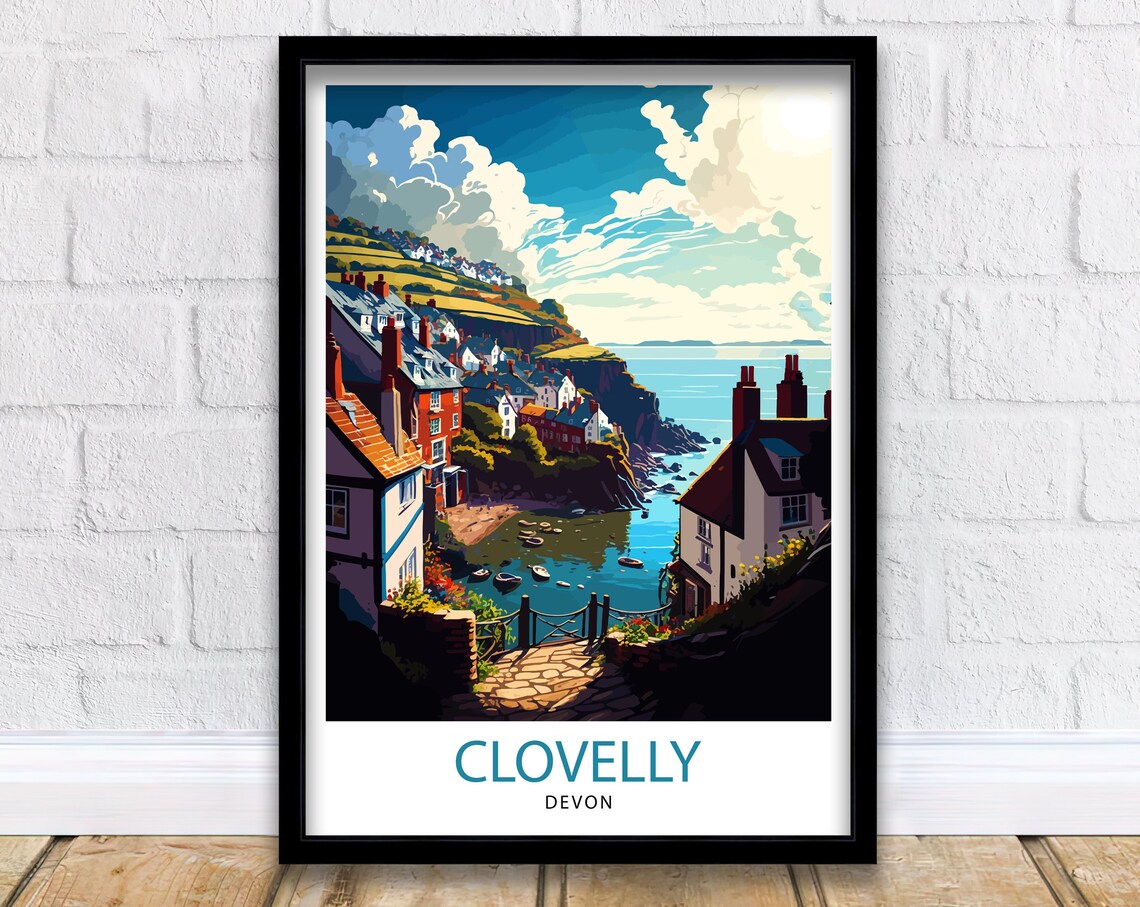 Clovelly Devon Travel Poster, Coastal Town Illustration