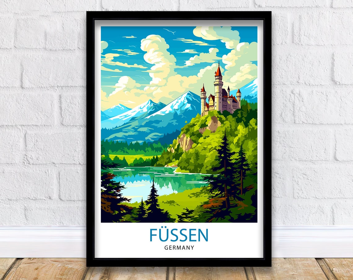 Fussen Germany Neuschwanstein Castle Alpine Lake Peaks Travel Poster