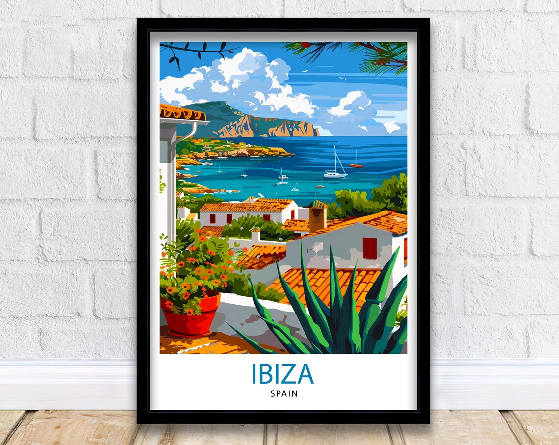 Ibiza Spain White Houses Sailboats Coastal Cove Travel Poster