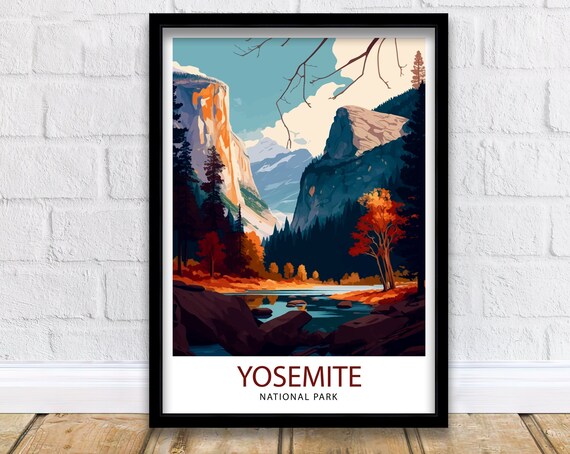 Yosemite National Park Autumn Granite Valley Vintage Travel Poster