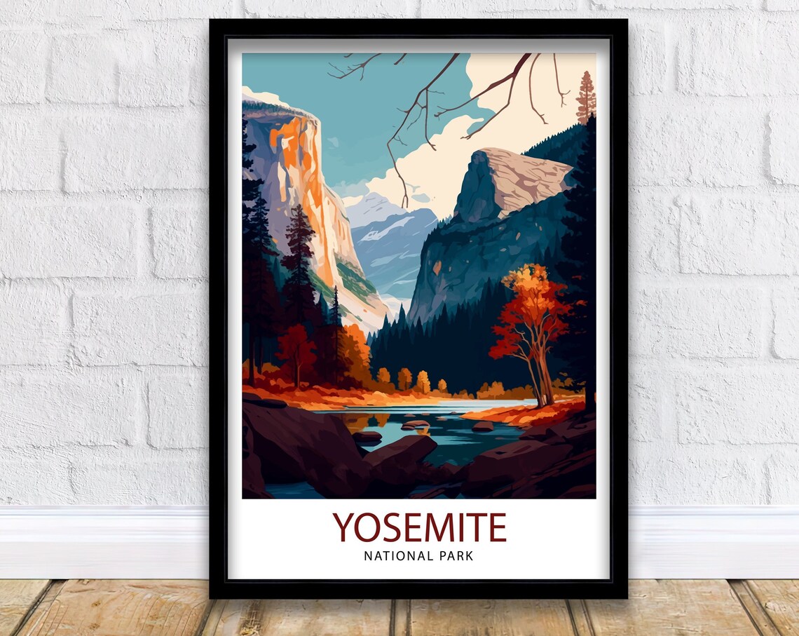 Yosemite National Park Autumn Granite Valley Vintage Travel Poster