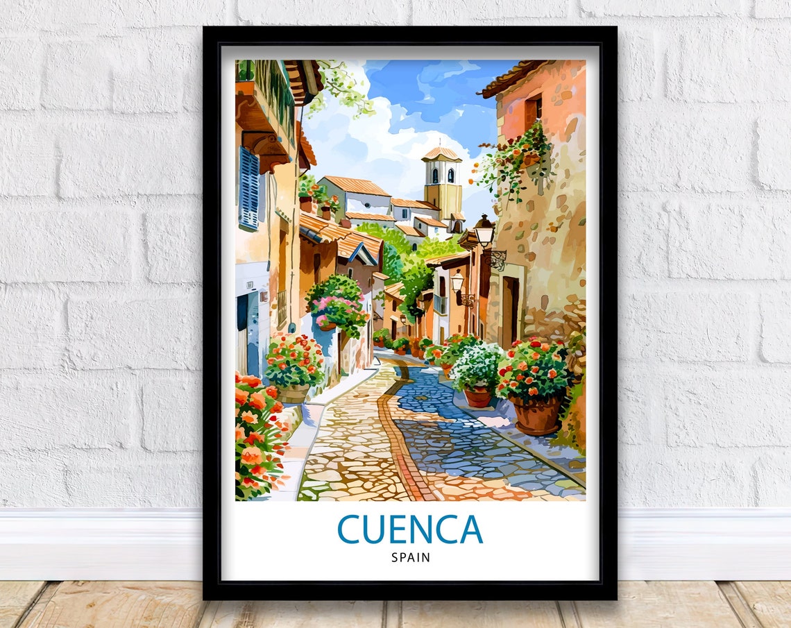 Cuenca Spain Old Town Flower Cobblestone Street Travel Poster