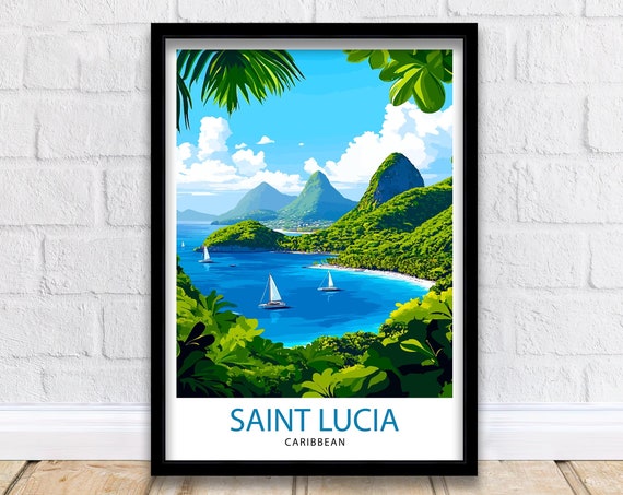Saint Lucia Caribbean Piton Peaks Sailboat Bay Island Travel Poster