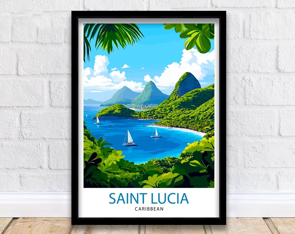 Saint Lucia Caribbean Piton Peaks Sailboat Bay Island Travel Poster