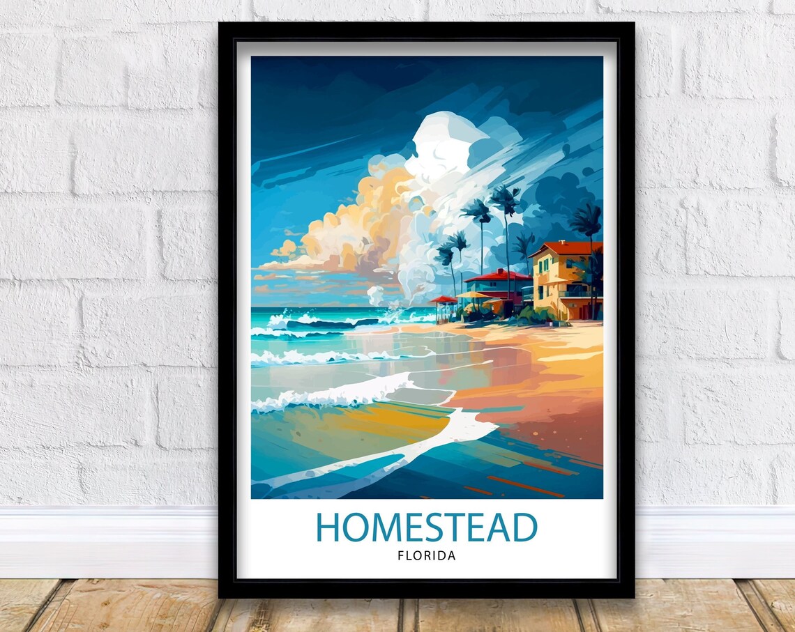 Homestead Florida Beach Palms Houses Vintage Travel Poster Ocean View