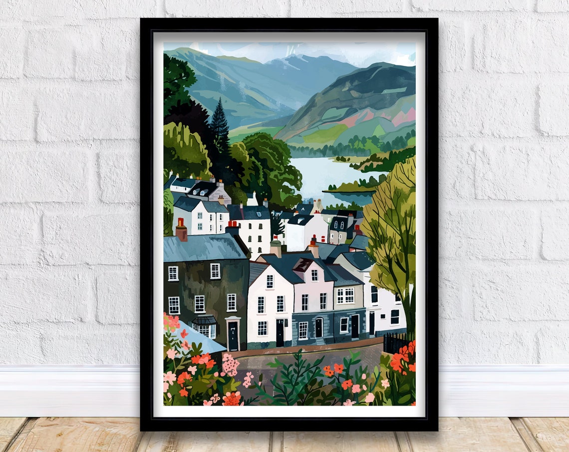 Keswick Lake District Lakeside Village Cottages Hills Poster
