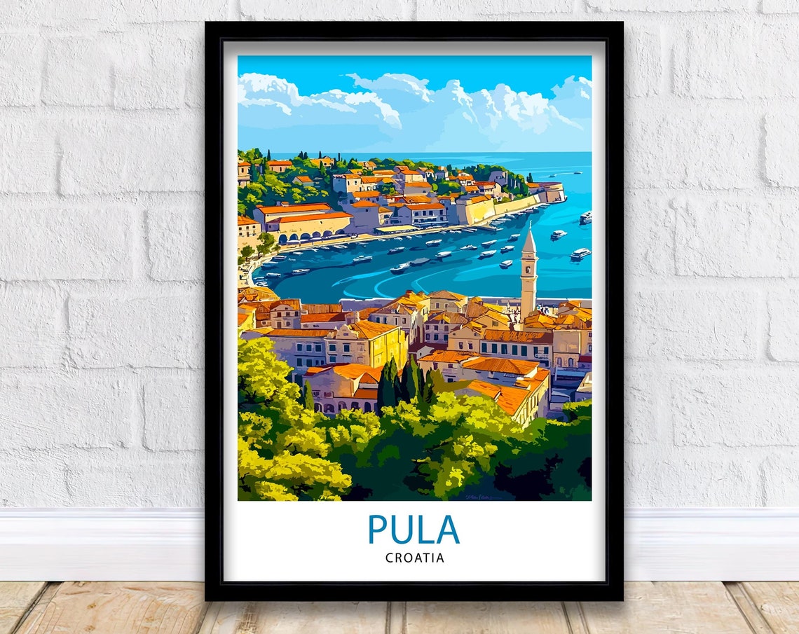 Pula Croatia Coastal Town Harbor Boats Vintage Travel Poster