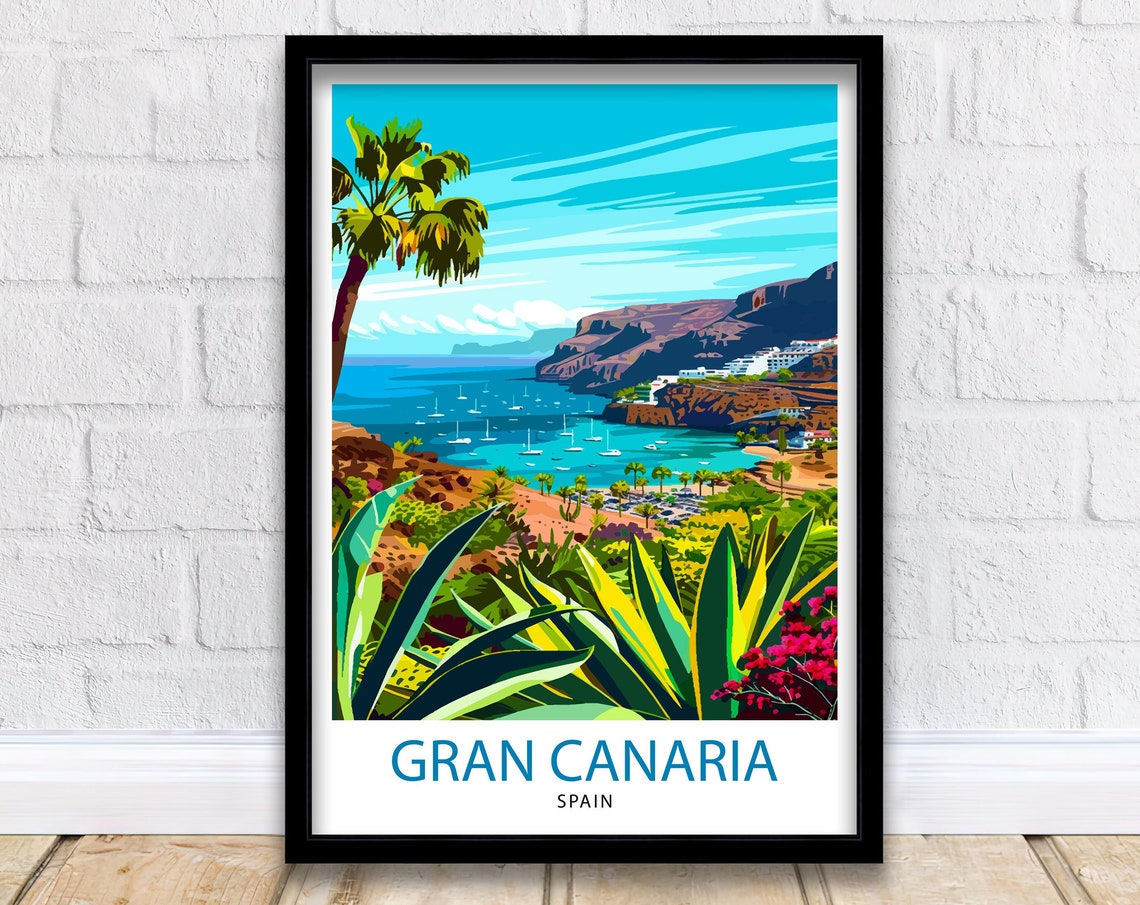 Gran Canaria Spain Coastal Harbor Sailboats Palm Trees Travel Poster