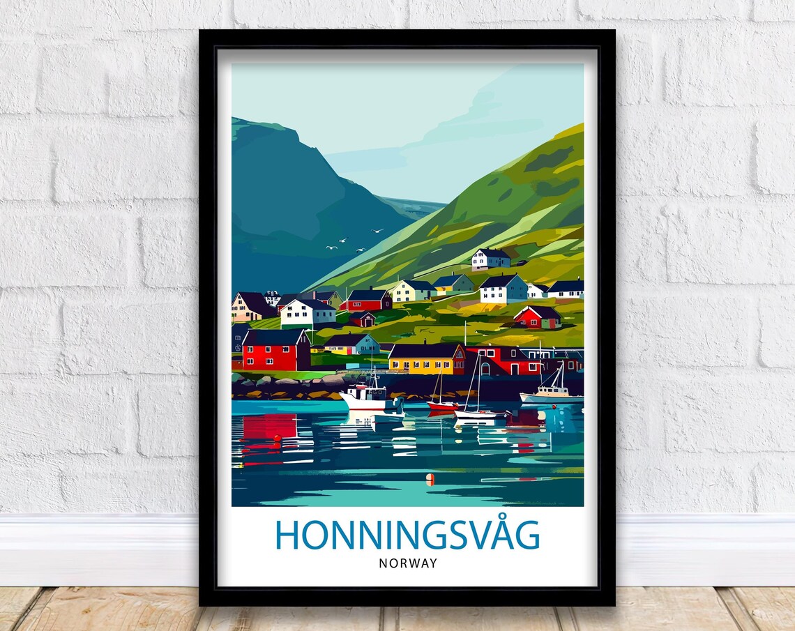 Honningsvag Norway Fishing Harbor Travel Poster Mountain Fjord Art