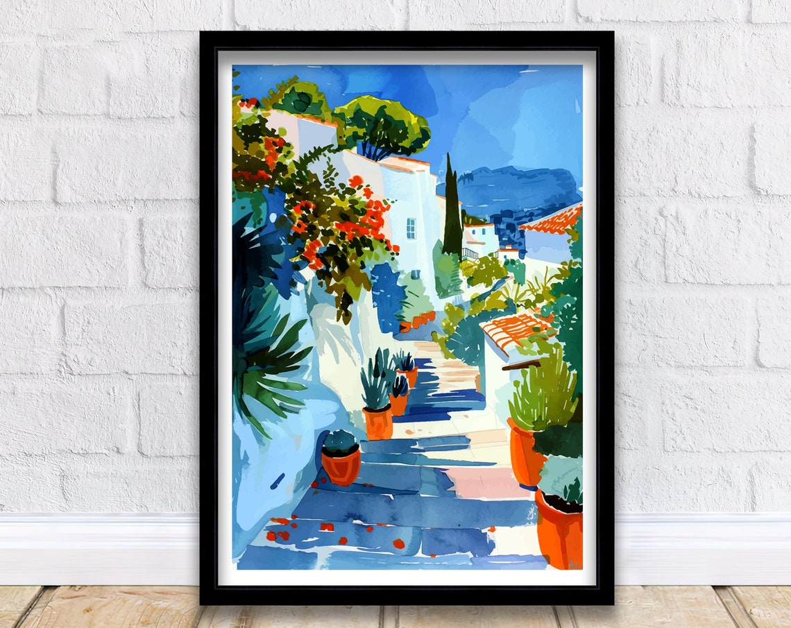 Altea Spain Whitewashed Alley Flower Pots Mediterranean Poster