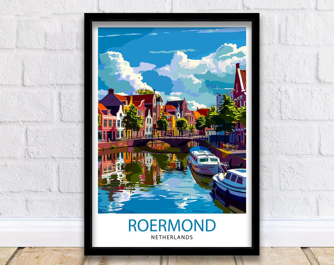 Roermond Netherlands Canal Boats Old Town Vintage Travel Poster