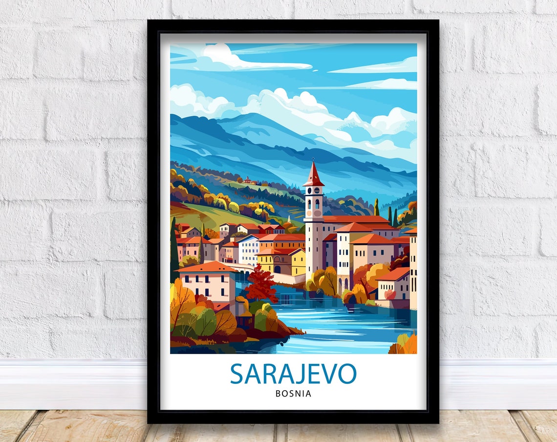 Sarajevo Bosnia Riverside Old Town Mountains Travel Beautiful Poster