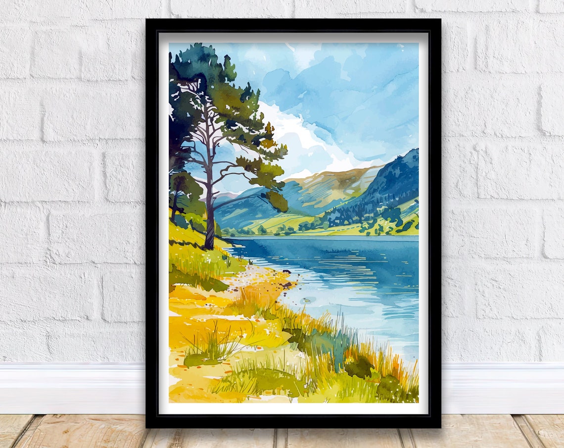 Ullswater Lake District Pine Shore Watercolor Landscape Poster