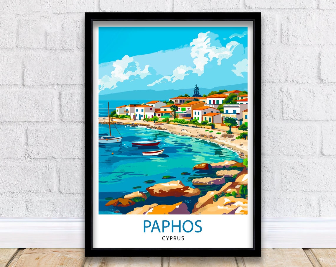 Paphos Cyprus Harbor Boats White Houses Turquoise Sea Travel Poster