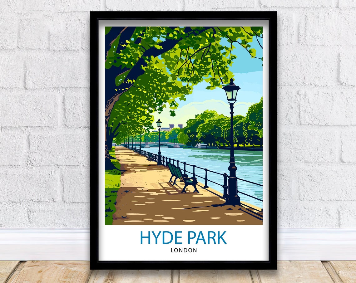 Hyde Park London Riverside Path Benches Lamps Vintage Travel Poster