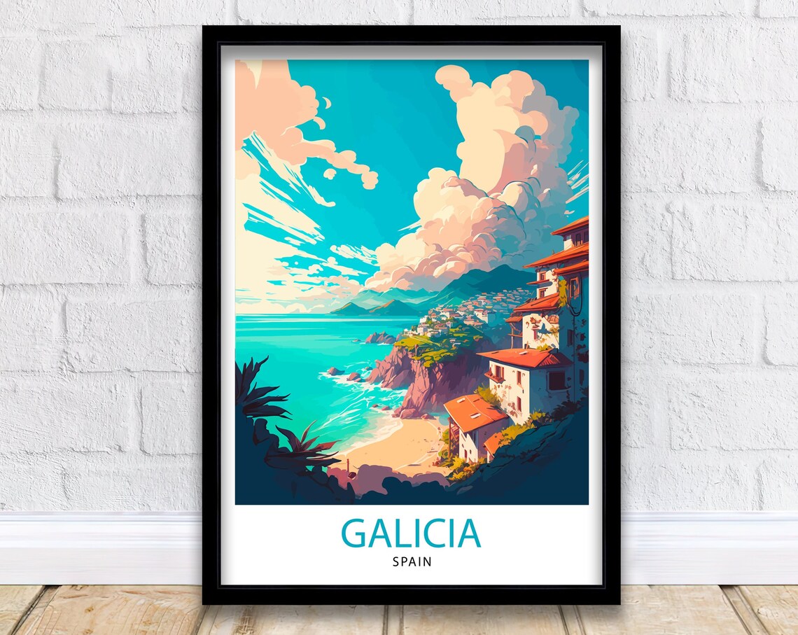 Galicia Spain Turquoise Coast Cliffside Village Travel Poster