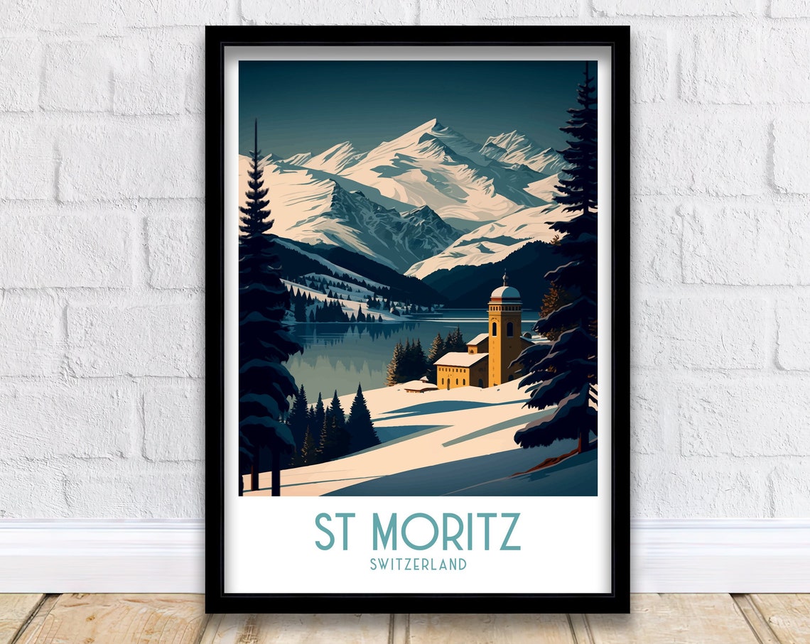 St Moritz Switzerland Snowy Peaks Alpine Chapel Night Art Poster
