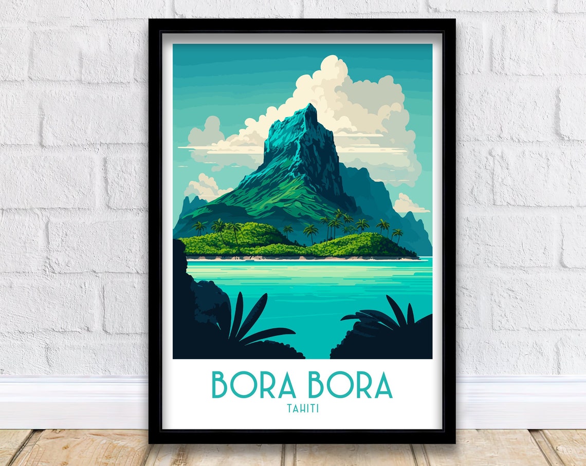 Bora Bora Tahiti Tropical Volcanic Peak Lagoon Retro Travel Poster