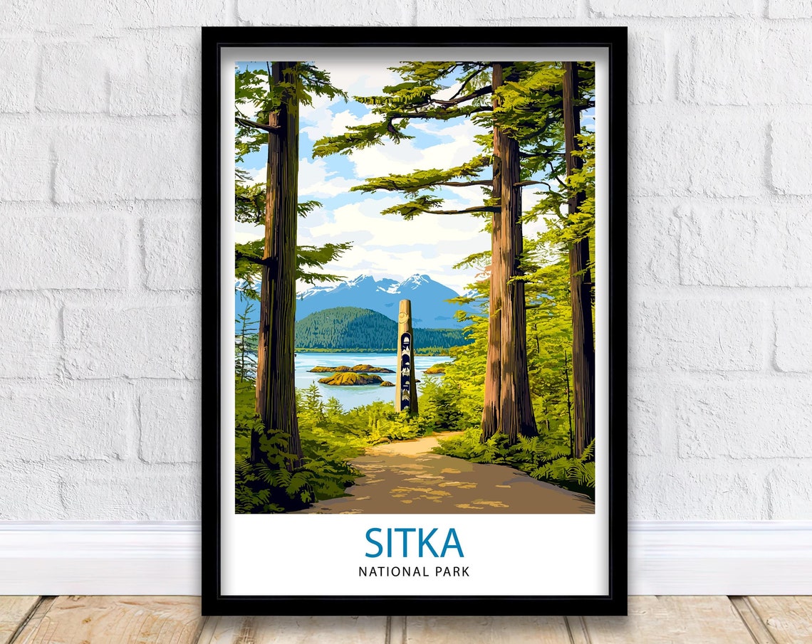 Sitka National Park Alaska Totem Pole Forest Lake Travel Poster