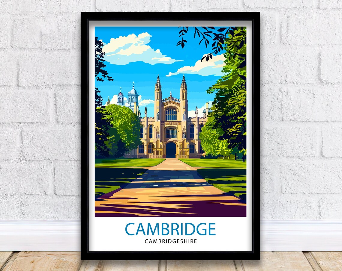 Cambridge England University College Green Historic Travel Poster