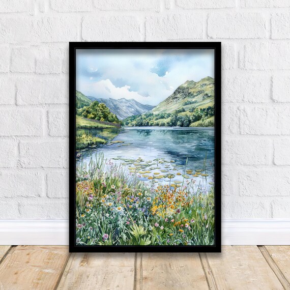 Grasmere Lake District Watercolor Wildflowers Fell Lake Poster
