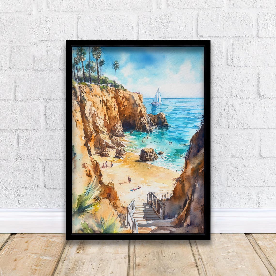 Orange County California Beach Cove Sailboat Watercolor Poster