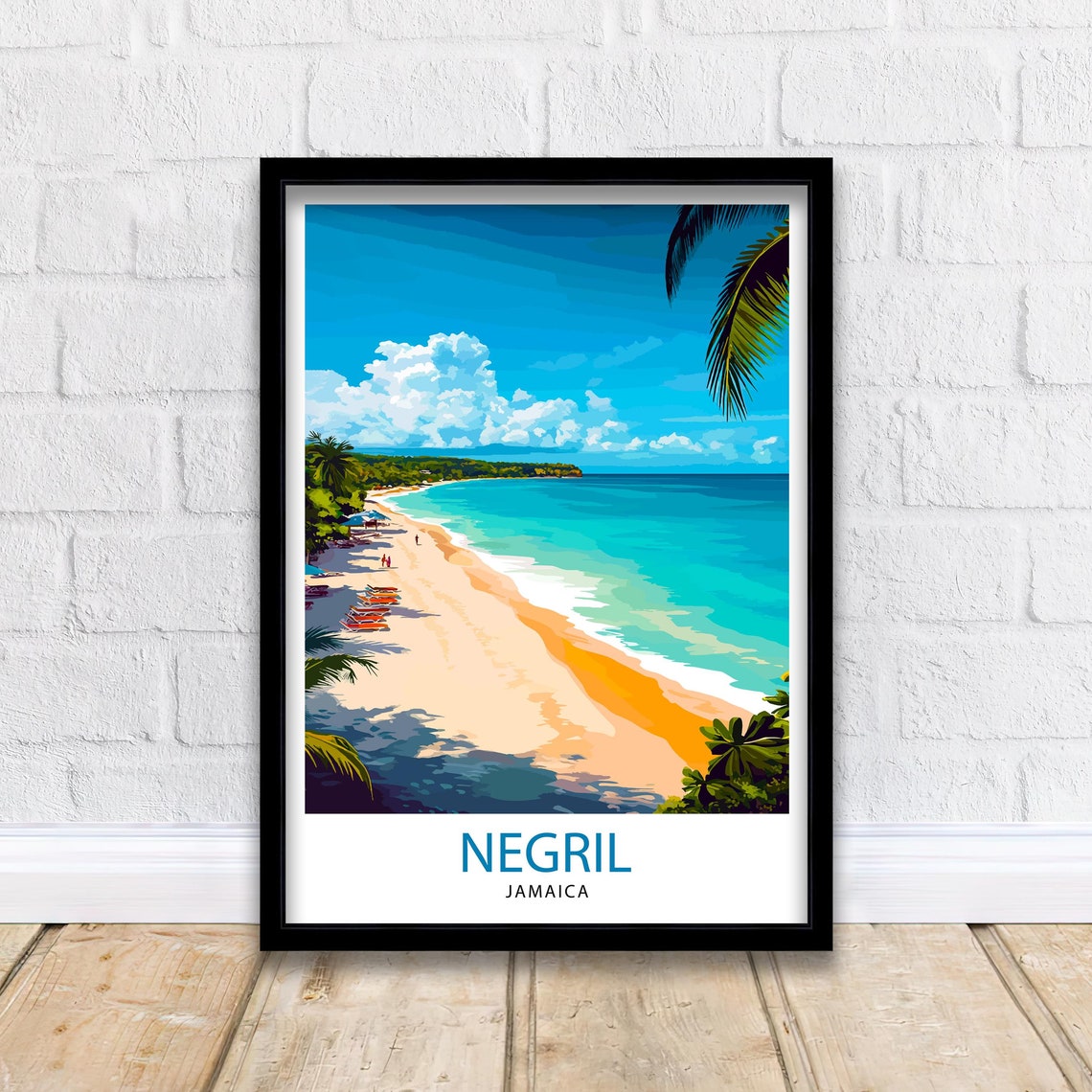 Negril Jamaica Beach Vintage Style Travel Poster Caribbean Wall Decor